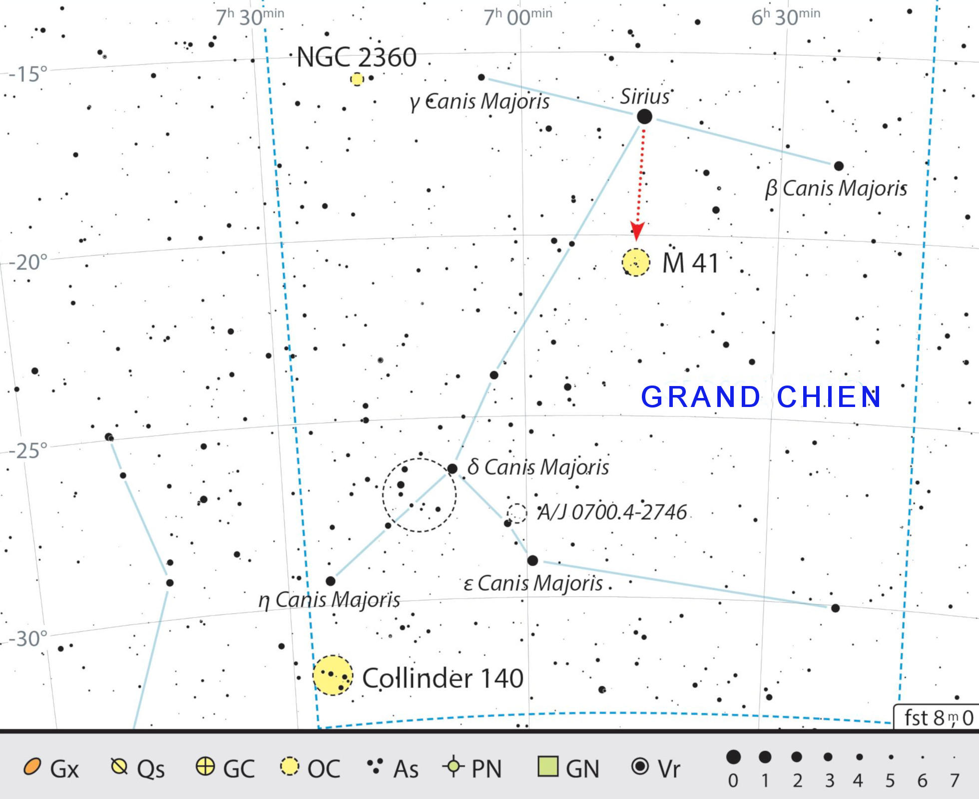 Carte de recherche des objets pour les jumelles, dans la constellation du Grand Chien. J. Scholten